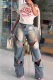 Blue Sexy Solid Color Hollow Out Distressed Mid Waist Loose Denim Jeans