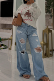 Blue Sexy Solid Color Hollow Out Loose Denim Jeans