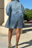 Blue Solid Color Zipper Turndown Collar Long Sleeve Loose Denim Dresses
