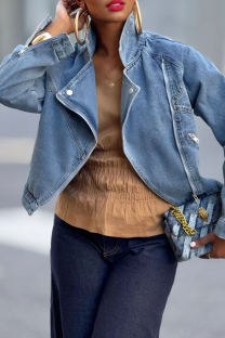 Blue Casual Solid Color Patchwork Turndown Collar Long Sleeve Loose Denim Jacket