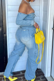 Blue Sexy Solid Color Buckle Off Shoulder Regular Jumpsuits