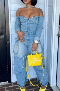 Blue Sexy Solid Color Buckle Off Shoulder Regular Jumpsuits