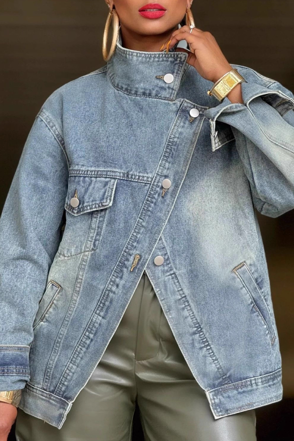 Blue Casual Solid Color Buckle Mandarin Collar Long Sleeve Loose Denim Jacket