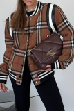 Dark Coffee Casual Plaid Zipper Zipper Collar Outerwear