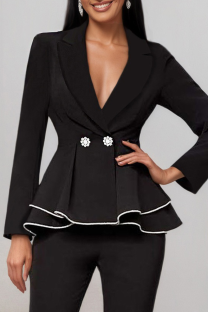 Black Casual Solid Color Buckle Turn-back Collar Outerwear
