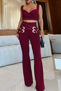 Burgundy Sexy Solid Color Patchwork Spaghetti Strap Sleeveless Two Pieces