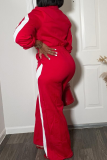Pink Daily Solid Color Contrast Turndown Collar Long Sleeve Two Pieces