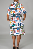 White Casual Print Draw String Hooded Straight Dresses