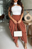 Light Khaki Casual Solid Color Ruched Loose Patchwork Bottoms