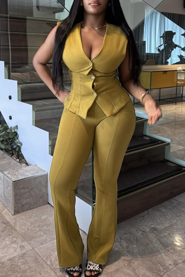 Green Yellow Casual Solid Color Buckle V Neck Sleeveless Two Pieces
