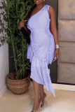 Light Purple Sexy Solid Color Flounce Oblique Collar Irregular Dresses
