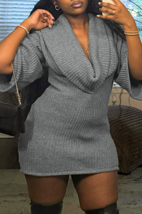Grey Elegant Solid Color V Neck Wrapped Skirt Dresses