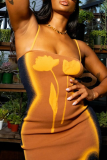 Orange Sexy Print Patchwork Spaghetti Strap Irregular Dresses