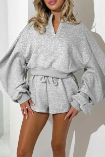 Grey Casual Solid Color Zipper Zipper Collar Long Sleeve Two Pieces