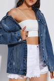 Deep Blue Casual Solid Color Buckle Turndown Collar Long Sleeve Straight Denim Jacket