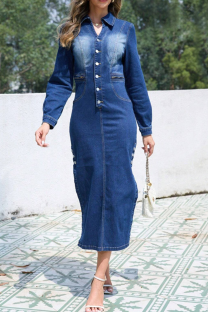 Deep Blue Casual Solid Color Buckle Turndown Collar Long Sleeve Regular Denim Dresses