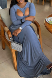 Blue Elegant Solid Color Hollow Out O Neck Long Dresses