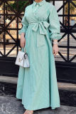 Green Elegant Stripe Strap Design Turndown Collar Long Dresses