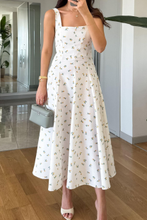 White Elegant Print Patchwork Square Neck Long Dresses