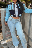 Blue Casual Letters Contrast Outerwear