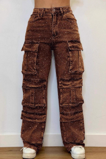 Light Brown Casual Solid Color Pocket Straight Denim Jeans