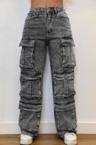 Grey Casual Solid Color Pocket Straight Denim Jeans