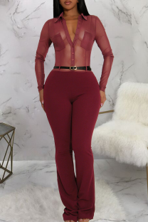 Burgundy Casual Solid Color See-Through With Belt Shirt Collar Bodycon Jumpsuits
