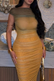 Yellow Elegant Gradient Ruched O Neck Long Dresses