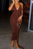 Dark Brown Sexy Solid Color Ruched Spaghetti Strap Long Dresses