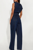 Deep Blue Casual Solid Color Patchwork Off Shoulder Short Sleeve Loose Denim Jumpsuits