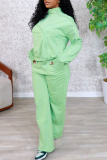 Green Casual Solid Color Zipper O Neck Long Sleeve Two Pieces