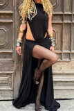 Black Sexy Solid Color High Slit O Neck Sleeveless Two Pieces
