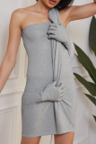 Grey Sexy Solid Color Patchwork Strapless Wrapped Skirt Dresses