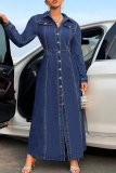 Deep Blue Casual Solid Color Buckle Turndown Collar Long Sleeve Bodycon Denim Dresses