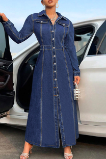 Deep Blue Casual Solid Color Buckle Turndown Collar Long Sleeve Bodycon Denim Dresses