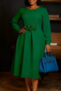 Green Elegant Solid Color Flowers O Neck Long Dresses