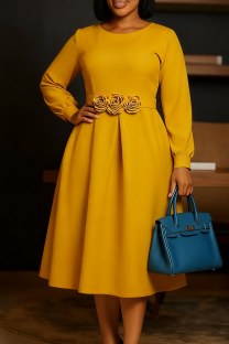 Yellow Elegant Solid Color Flowers O Neck Long Dresses
