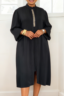 Black Elegant Solid Color Slit O Neck Long Dresses