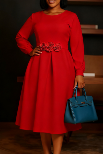 Red Elegant Solid Color Flowers O Neck Long Dresses