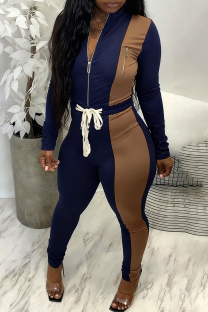 Tibetan Blue Casual Contrast Zipper Collar Long Sleeve Two Pieces