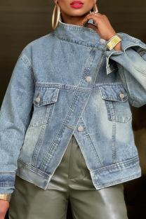 Blue Casual Solid Color Buckle Mandarin Collar Long Sleeve Denim Jacket