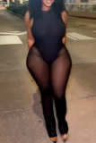 Black Sexy Solid Color See-Through O Neck Skinny Jumpsuits