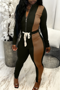 Army Green Casual Contrast Zipper Collar Long Sleeve Two Pieces