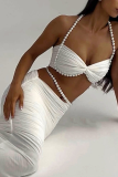 Black Sexy Solid Color Pearls Decor Halter Sleeveless Two Pieces