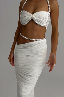 White Sexy Solid Color Pearls Decor Halter Sleeveless Two Pieces