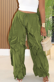 Green Casual Solid Color Draw String Loose Conventional Patchwork Bottoms