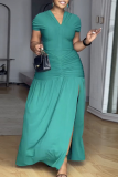 Cyan Green Elegant Solid Color Slit Ruched V Neck Long Dresses
