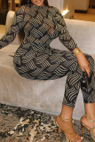 Black Casual Stripe Patchwork O Neck Long Sleeve Two Pieces