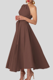 Brown Elegant Solid Color Pocket Backless Slit Oblique Collar Long Plus Size Dresses