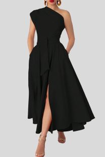 Black Elegant Solid Color Pocket Backless Slit Oblique Collar Long Plus Size Dresses